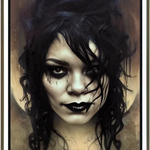 Image similar to beautiful portrait of vanessa hudgens as death from sandman, smiling, by cedric peyravernay, alphonse mucha, by jeremy mann, by lecouffe deharme, goth chic, soft lightning, eyeliner, punk rock, high detailed, 8 k