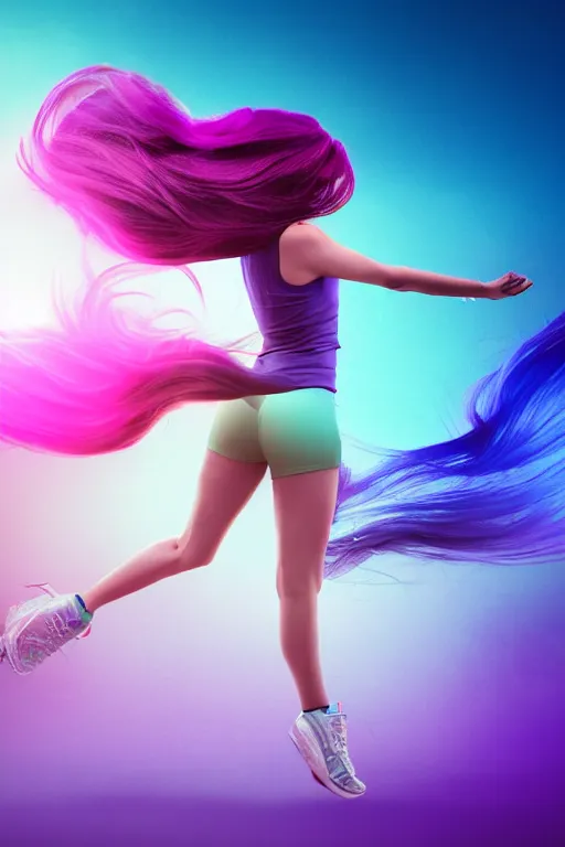 Image similar to a award winning half body shot of a beautiful woman in a croptop with ombre purple pink teal hairstyle with head in motion and hair flying, outrun, vaporware, highly detailed, fine detail, intricate