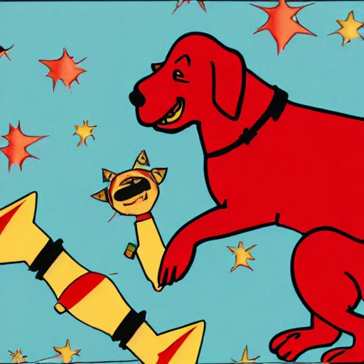 Image similar to overview of a red rocket with a evil dog in space