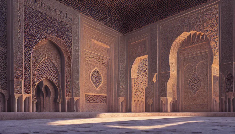 Prompt: the inside of a monument with moroccan motifs, by tim blandin and arthur haas and bruce pennington and john schoenherr, big windows architecture by zaha hadid, octane render, cinematic, scenery, cgsociety, modernism, futuristic, trending on artstation, sci - fi, high detail, high quality, close up angle, people walking