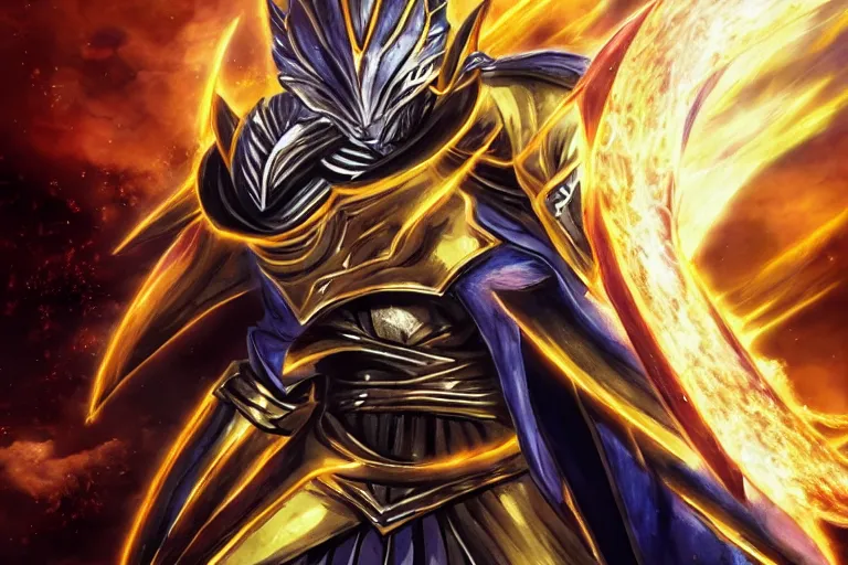 Image similar to an ultra detailed portrait of saladin as a shonen anime protagonist charging into battle wearing bright gold armor and huge flaming longsword blessed by god, epic anime fantasy, 8 k, volumetric lighting, smooth, highly detailed, digital illustration, art by kentaro miura and akira toriyama and albert bierstadt and greg rutkowsi, artstation