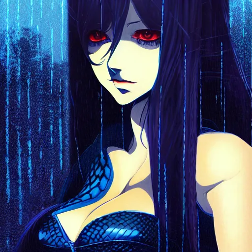 Image similar to seductive snake - girl, in the rain, highly detailed, painting, dark blue and black color palette, intricate, high quality anime artstyle, in the style of ilya kuvshinov