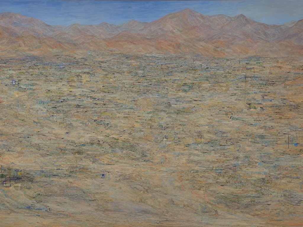 Image similar to landscape, large Trailer park in the desert near the oasis with a reservoir and rednecks, painting by style Julie Mehretu