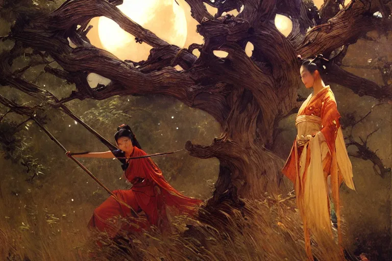 Image similar to wuxia, forest, moonlight, painting by gaston bussiere, craig mullins, j. c. leyendecker