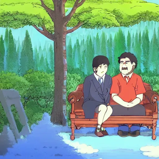 Image similar to president gabriel boric sitting at a tree made by studio ghibli, detail, high quality, detailed, beautiful scene, smooth, high quality lights