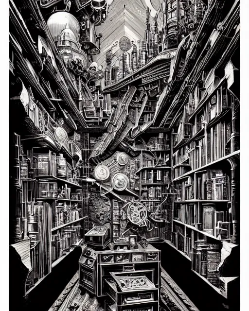 Image similar to a majestic steampunk alchemists bookshelf, two point perspective, furniture, high details, bold line art, by vincent di fate and joe fenton, inking, etching, screen print, masterpiece, trending on artstation, sharp, high contrast, hyper - detailed,, hd, 4 k, 8 k