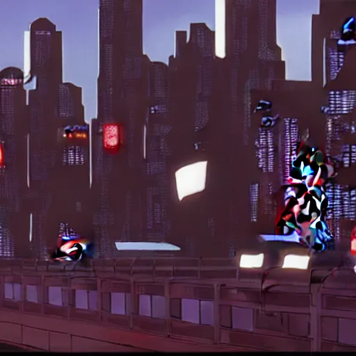 Image similar to a screenshot from episode of the show'batmanbeyond'( 1 9 9 9 - 2 0 0 1 ) produced by alan burnett, paul dini, glen murakami, and bruce timm. film grain. matte painting. masterpiece. cel shading. dark color scheme. cyberpunk theme.