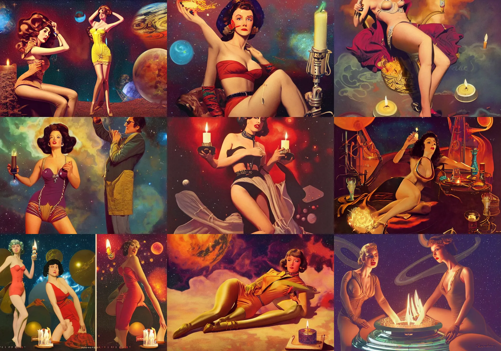 Image similar to pulp art, artwork by Joseph Leyendecker and Robert McGinnis and Alfred Henry Maurer, 3d octane blender render, Hipple and boho fashion 1970s, space and nebulas, candles, pin up girl, progressive rock album cover