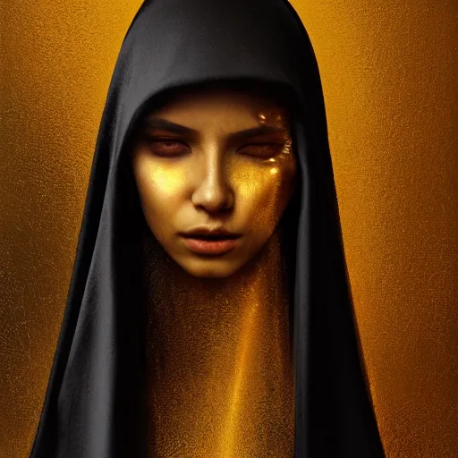 Image similar to a portrait of a young woman wearing a long dark cloak, hood and shadows covering face, holding golden chains, oil painting, matte painting, black background, Volumetric Golden dappled dynamic lighting, Highly Detailed, Cinematic Lighting, Unreal Engine, 8k, HD, by Beksinski