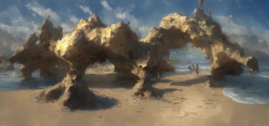 Image similar to a multiverse portal leading to a beautiful beach, craig mullins