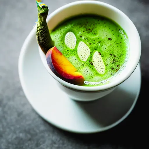 Prompt: peach matcha latte being served by a cute lizard, high quality food photography