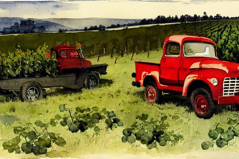 Image similar to watercolor painting of bbc a vintage red truck in a vineyard by winslow homer