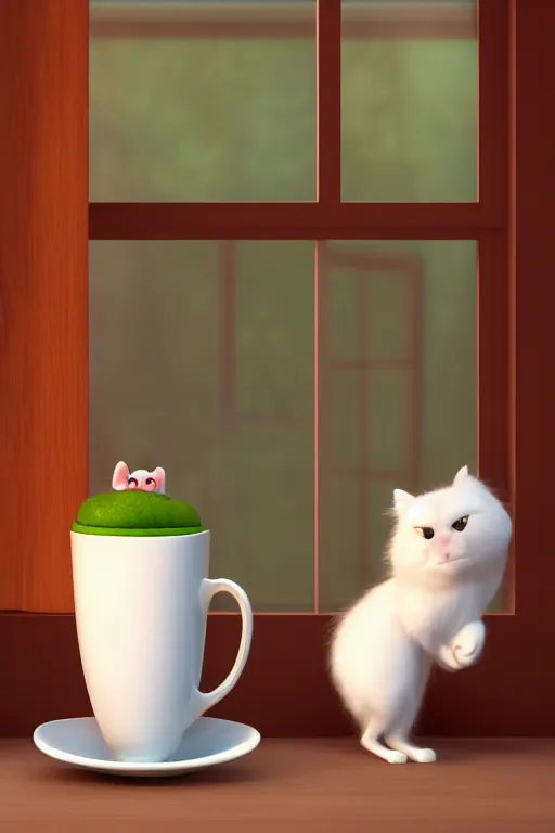 Prompt: portrait of single fluffy cat holding a white teacup inside the house and window in background, full body. pixar disney 4 k 3 d render funny animation movie oscar winning trending on artstation and behance, ratatouille style