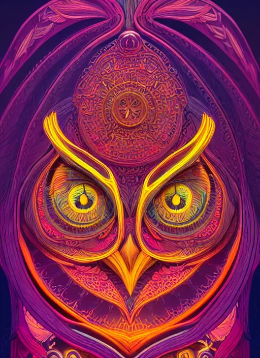 Image similar to symmetry!! product render poster vivid colors divine proportion owl, 神 圣, glowing fog intricate, elegant, highly detailed, digital painting, artstation, concept art, smooth, sharp focus, illustration,