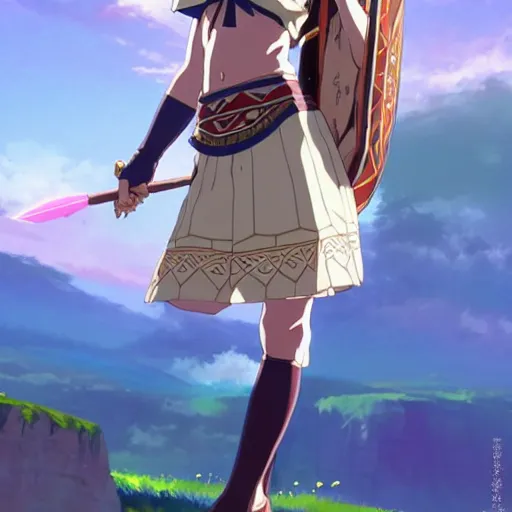 Image similar to a beautiful! boyish! natalie portman as zelda from botw, alluring gravure! model, wearing japanese school girl outfit with mayan pattern and native style, aztec street fashion, gapmoe yandere grimdark, trending on pixiv fanbox, painted by greg rutkowski makoto shinkai takashi takeuchi studio ghibli, akihiko yoshida