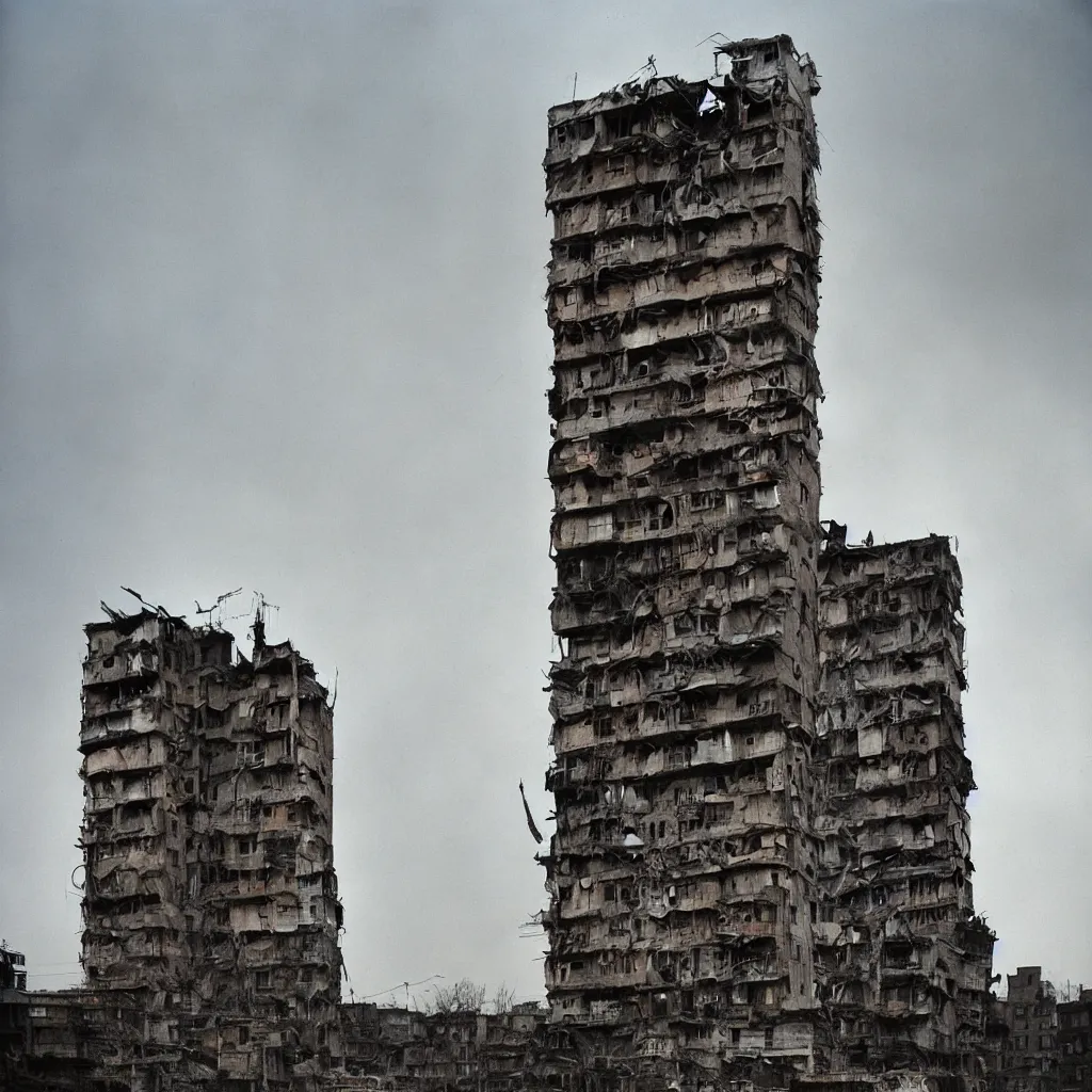 Image similar to tall towers, made up of makeshift squatter housing with faded colours, apocalyptic sky, misty, dystopia, mamiya rb 6 7, fully frontal view, ultra sharp, very detailed, photographed by andrei tarkovsky