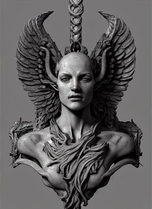 Prompt: a detailed bust angel with wings in stone, demonic, demon, symmetry, symmetrical, viking, by greg rutkowski and justin gerard, digital art, monstrous, art nouveau, baroque style, realistic painting, very detailed, fantasy, dnd, character design, top down lighting, trending on artstation