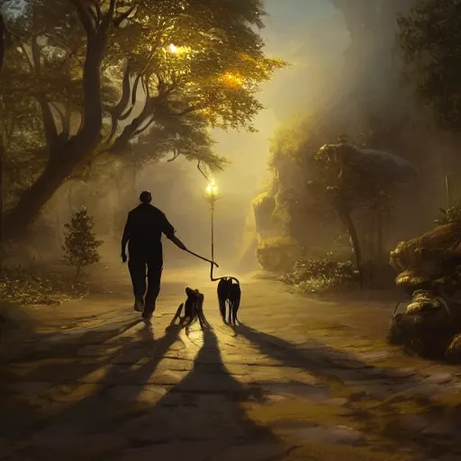 Prompt: a guy walking his dog, fantasy, hd, volumetric lighting, 4 k, intricate detail, by jesper ejsing, irakli nadar