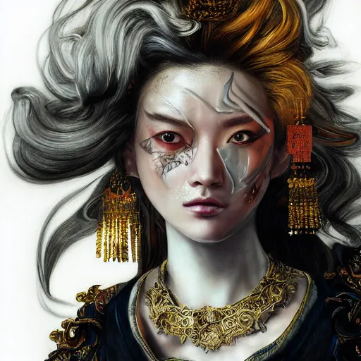 Prompt: portrait, headshot, insanely nice professional hair style, dramatic hair color, digital painting, of a old 17th century, Chinese Three Kingdoms, old cyborg merchant, amber jewels, baroque, ornate clothing, scifi, realistic, hyperdetailed, chiaroscuro, concept art, art by Franz Hals and Jon Foster and Ayami Kojima and Amano and Karol Bak,