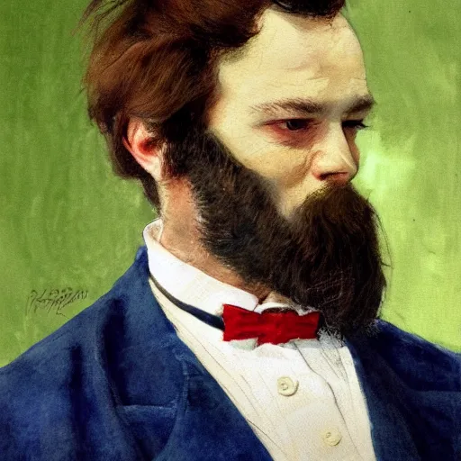 Prompt: Portrait of a handsome man with mutton chops. wearing a green suit. colorful necktie, pale white face, long messy hair, ((red)) baggy eyes, tired face, watercolor, brushstrokes, high detail, artstation, background yellow and blue, medium detail, by Ilya Repin