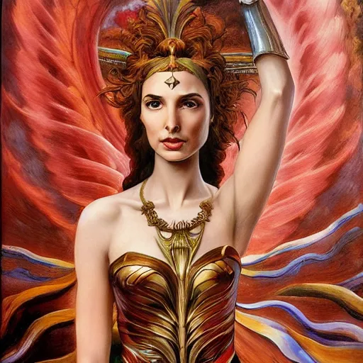 Image similar to Full body oil painting of the beautiful goddess Gal Gadot as Persephone, she is wearing roman clothes and a surreal jewelry, her hair is natural disheveled, she is approaching heaven over the clouds, naturalism, dramatic lighting, high-detailed oil painting by Ilya Repin, Michelangelo da Caravaggio, William Blake, Alex Grey and Beksinski, trending on Artsation, hystorical painting, naturalism, masterpiece, 4k, 8k,