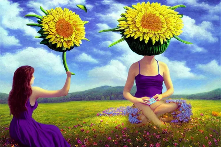 Image similar to giant daisy flower head, woman sitting, surreal, clouds in sky, impressionist painting, digital painting, artstation, rob gonsalves