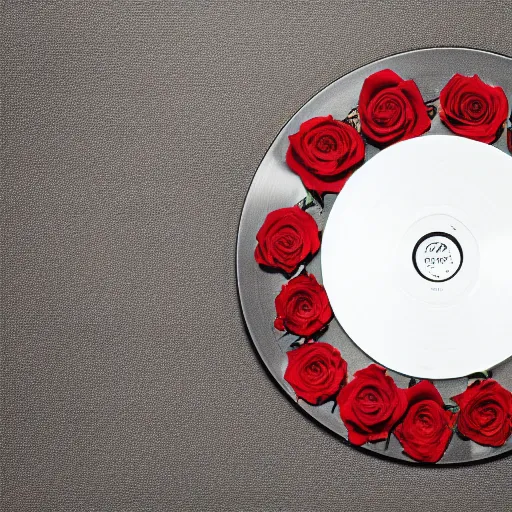 Image similar to red roses on a vinyl record, dark photograph