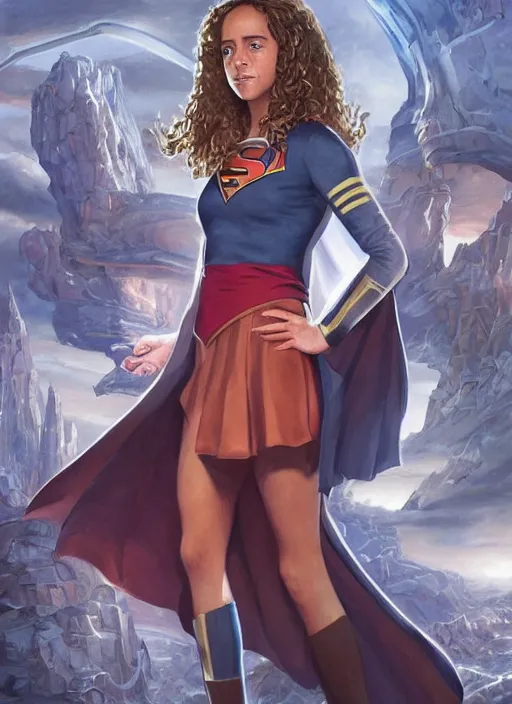 Image similar to Hermione Granger as Super Girl, taking a rest in futuristic bedroom, a ruggedly muscled handsome heroine, intricate, elegant, highly detailed, centered, digital painting, artstation, concept art, smooth, sharp focus, illustration, artgerm, donato giancola, Joseph Christian Leyendecker, WLOP, Artgerm, thunder storm