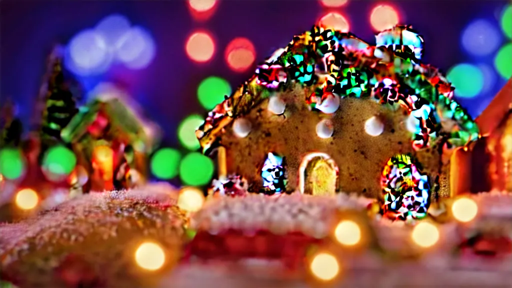 Image similar to closeup of colorful miniature gingerbread house village at night, gingerbread people, candy canes, forest, christmas, snow, bokeh, depth of field 1 0 0 mm, cinematic scene, studio quality, visually stunning, unreal engine, octane render