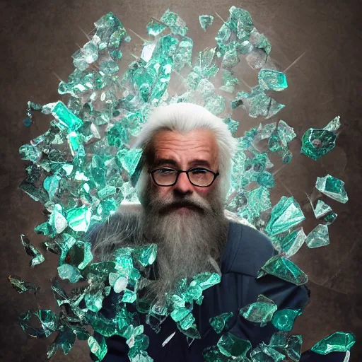 Image similar to old wizard surrounded by crystal shards, 8 k photography