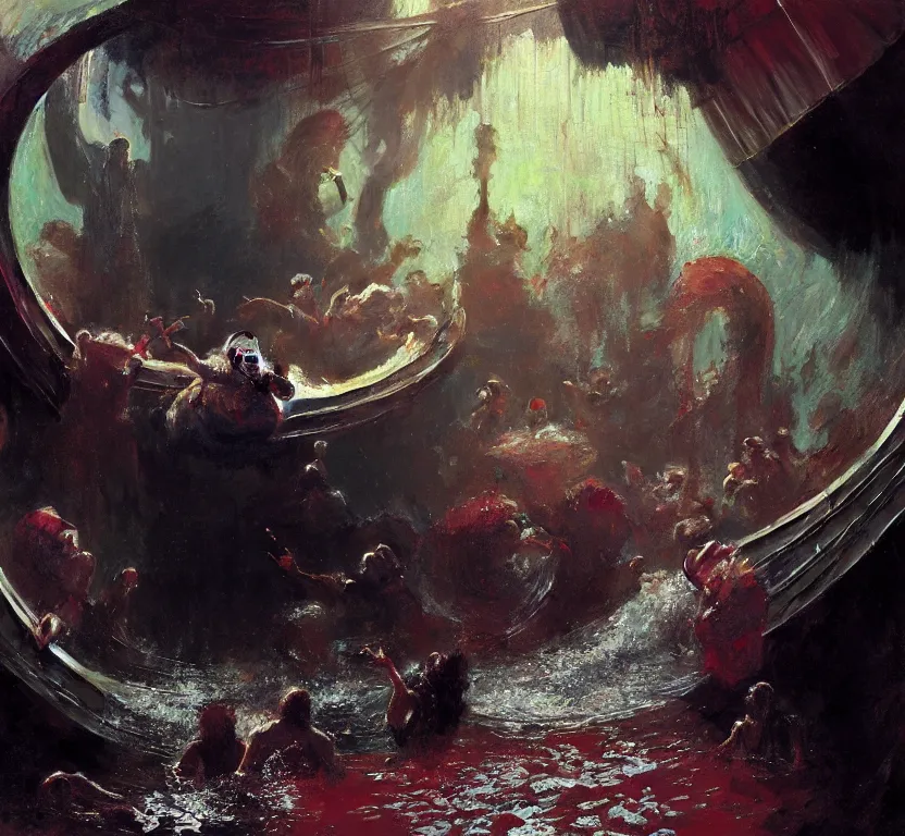 Prompt: ultra wide, a bearded prophet jonah inside middle of dark slimy water slide tube, the walls are made of red meat, the floor is flooded, by craig mullins, ilya repin