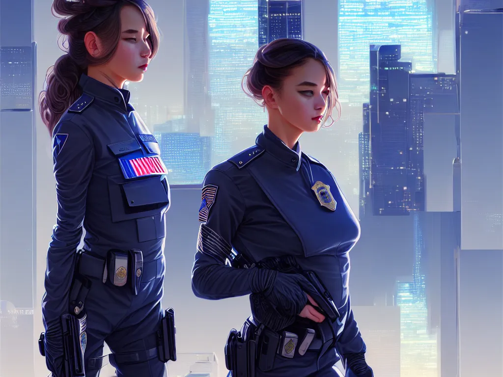 Prompt: portrait futuristic usa police uniform girl, at future neon light rooftop, ssci - fi and fantasy, intricate and very very beautiful and elegant, highly detailed, digital painting, artstation, concept art, smooth and sharp focus, illustration, art by tan zi and ayanamikodon and alphonse mucha and wlop