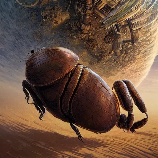 Image similar to a dung beetle pushing planet earth up a hill, ultra realistic, concept art, intricate details, highly detailed, photorealistic, octane render, 8 k, unreal engine. art by artgerm and greg rutkowski and magali villeneuve and alphonse mucha