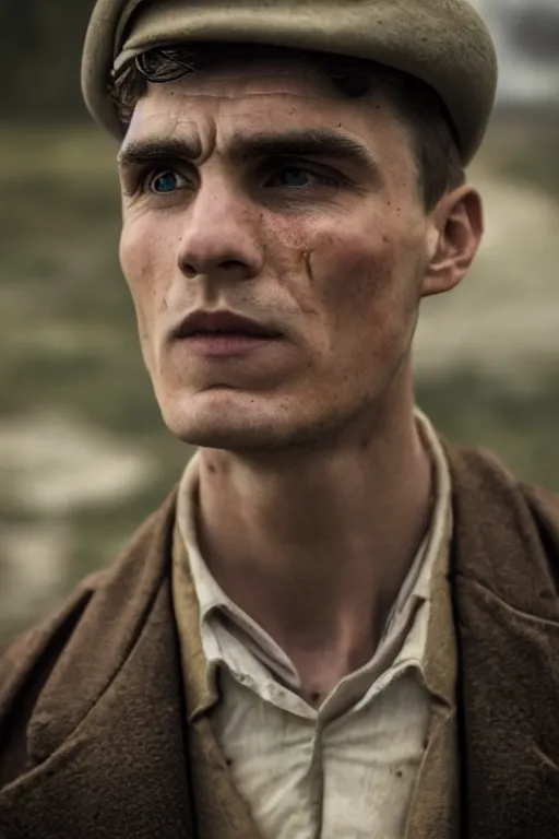 Image similar to a portait photo of Thomas Shelby in a battlefield, epic image, path tracing, complementary colours, high quality, 4k HDR, dramatic lighting, cinematic, highly detailed, high coherence, dedined face, anatomically correct, five fingers, war, cold environment