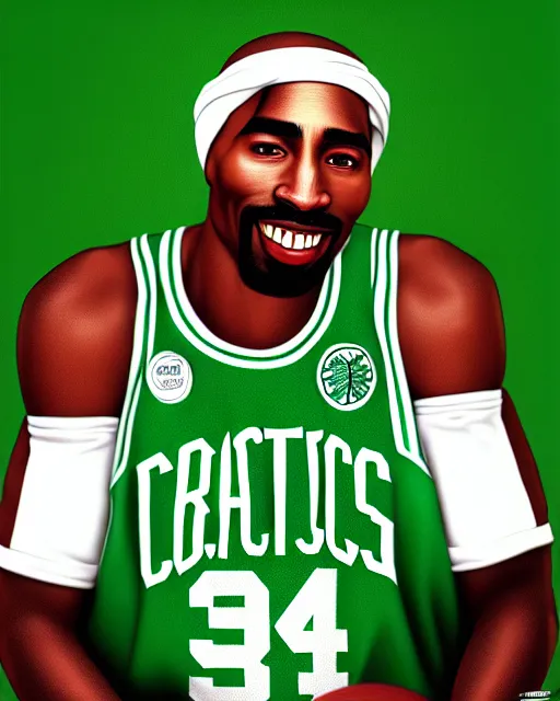 Image similar to portrait of tupac shakur, boston celtics jersey number 3 4, green, white, cartoon digital art, oil on canvas, trending on artstation, octane render