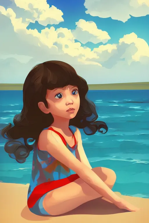 Image similar to a little girl sit beach. clean cel shaded vector art. illustration art by lois van baarle and helen huang and artgerm