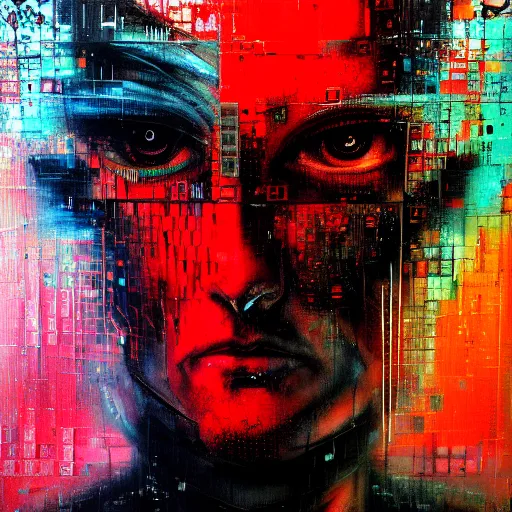 Prompt: hyperrealistic portrait of a cyberpunk man in cyberspace, by Guy Denning, Johannes Itten, Russ Mills, hacking effects, determined eyes, detailed lines, color blocking!, acrylic on canvas, insane detail, intricate, front view, symmetrical, octane, concept art, abstract, artistic, 8k, cinematic, trending on artstation
