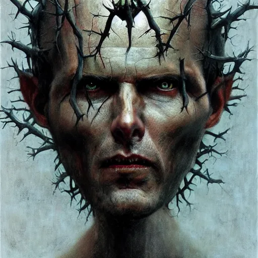 Image similar to portrait of demonic Tom Cruise in hood and crown of thorns, dark fantasy, Warhammer, artstation painted by Zdislav Beksinski and Wayne Barlowe