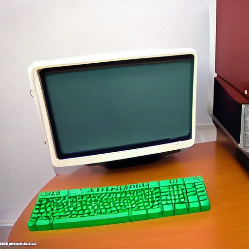 Prompt: commodore 6 4 with datasette and green screen, retro computer, photograph