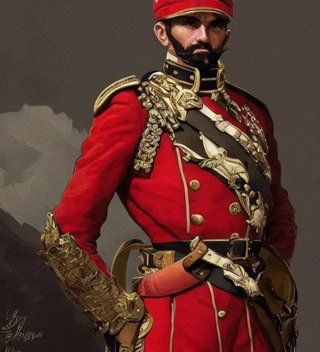 Prompt: portrait of an hungarian man wearing a traditional nineteenth century austro - hungarian empire military uniform, metal shoulder pauldrons, intricate, highly detailed, digital painting, artstation, concept art, sharp focus, cinematic lighting, illustration, art by artgerm and greg rutkowski, alphonse mucha, cgsociety