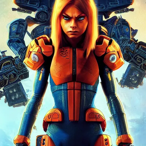 Image similar to movie poster of Cara delevingne as Orange Samus Aran , angry face, screaming, Gears of War cover art, ultra wide lens shot,cinematic lighting, art by Artgerm and Greg Rutkowski and Alphonse Mucha