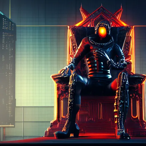 Prompt: evil cyberpunk dark lord sitting on a throne, highly detailed, photorealistic portrait, bright studio setting, studio lighting, crisp quality and light reflections, unreal engine 5 quality render