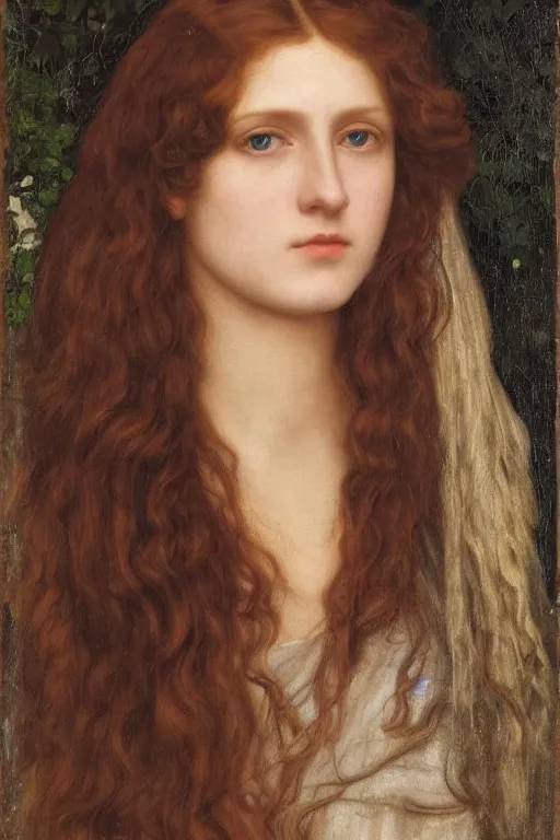 Prompt: Pre-Raphaelite portrait of a young, beautiful female-engineer with blond hair and grey eyes