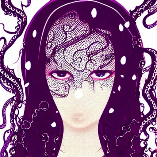 Prompt: Cthlulu lovecraftian eldritch profile pic, lace veil, magazine photoshoot, tentacles, glow galaxy background,