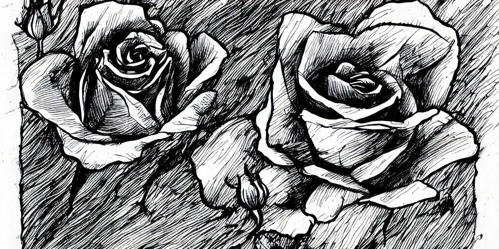 Image similar to ink lineart drawing of a rose, white background, etchings by goya, chinese brush pen illustration, high contrast, deep black tones, contour