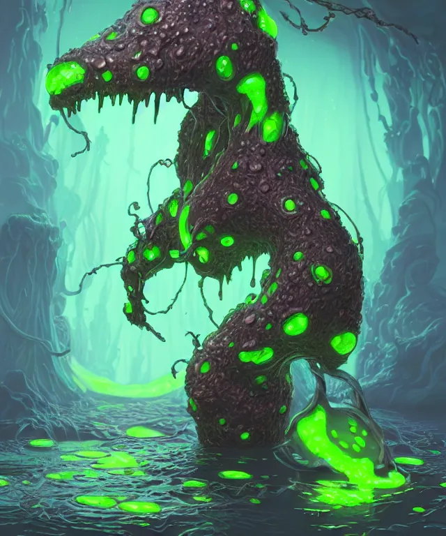 Prompt: an ooze slime creature made of bioluminescence, fantasy, elegant, crisp 8 k line work, emissive lighting, digital painting, artstation, unreal engine, octane render, concept art, matte, sharp focus, illustration, art by james jean and justin gerard and josan gonzalez