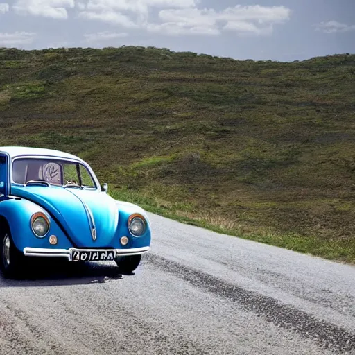 Image similar to promotion movie still of a ( volkswagen beatle ) racing down a dusty back road. cinematic, 4 k, imax, 7 0 mm
