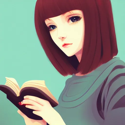 Prompt: portrait by ilya kuvshinov of a beautiful girl reading a book, slight smile, symmetrical face, trending on pixiv, fhd, detailed, subdued color palette