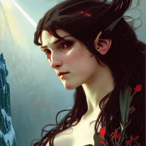 Image similar to Portrait of a pretty half-elf half-vampire young woman. Her hair has black strands and white strands. Her eyes have red irises and vertical pupils. Art by Greg Rutkowski and Alphonse Mucha