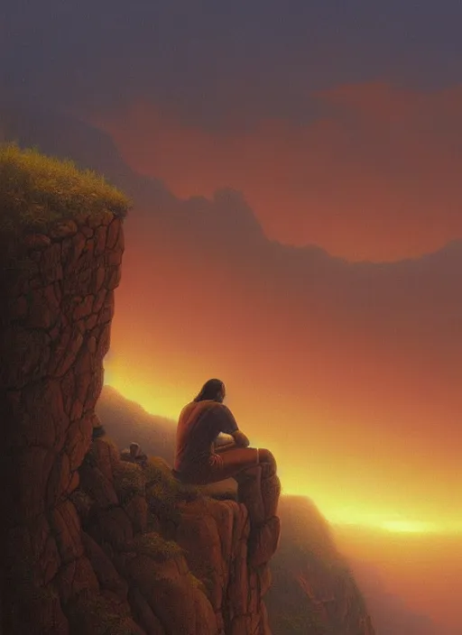 Prompt: an indigenous man sitting at the top of a cliff, looking down at the valley, doing a vision quest, beautiful sunset, art by christophe vacher
